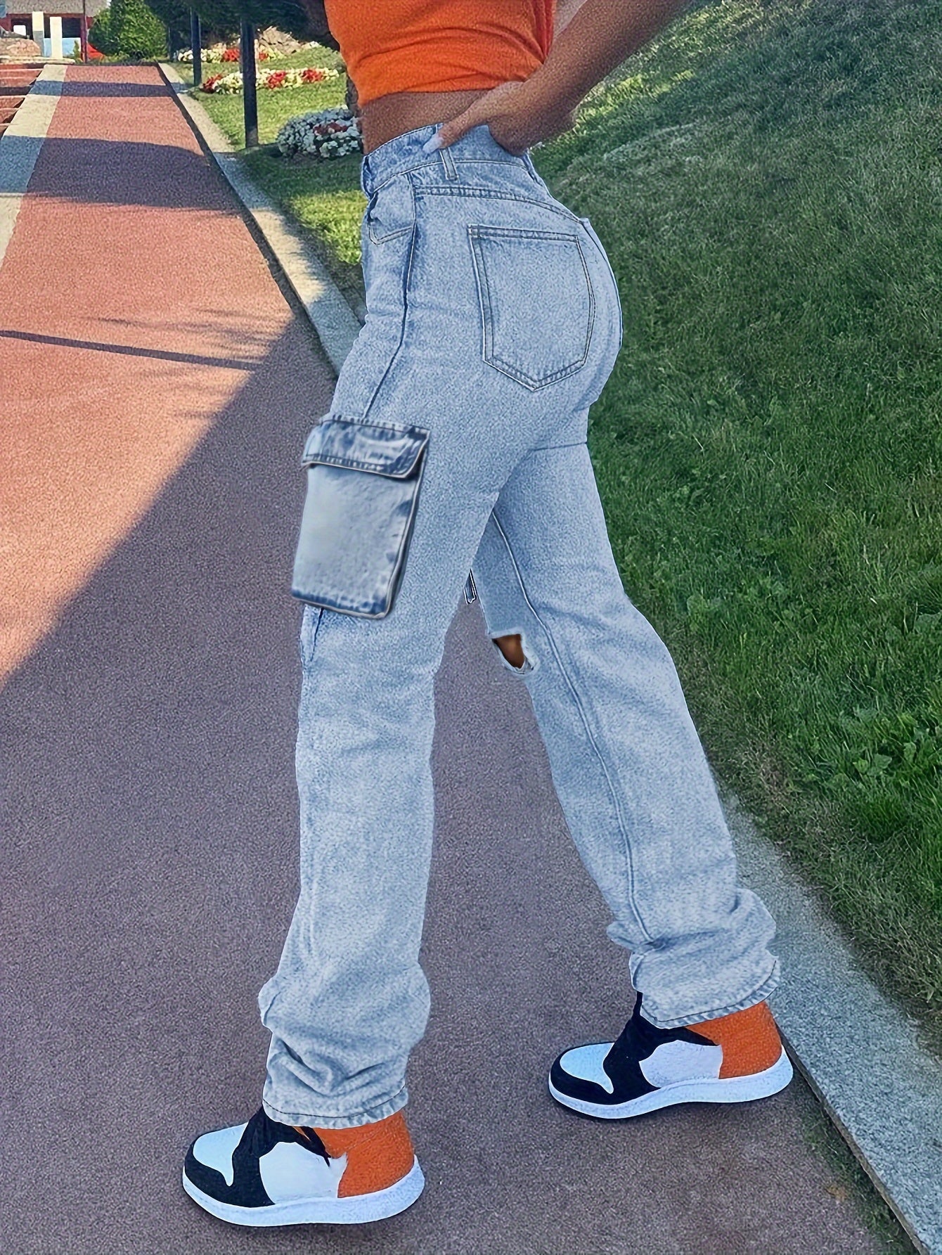 Women's Cut And Worn Pocket Wide Leg Jeans, Casual Street Style Low Waist Loose Boyfriend Jeans, Casual Loose Jeans